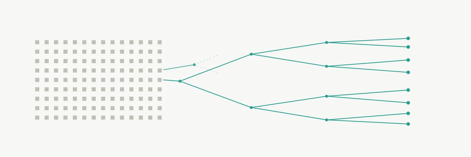 A block of small grey squares in a regular grid fills the left third of an off-white frame, every square the same size as every other. From the block's right edge a teal line runs out and splits in two, and each branch splits again twice, ending in eight teal dots spread down the right edge. A second, shorter teal line leaves the block higher up, ends in a dot, and continues as two faint dashed strokes that fade out.