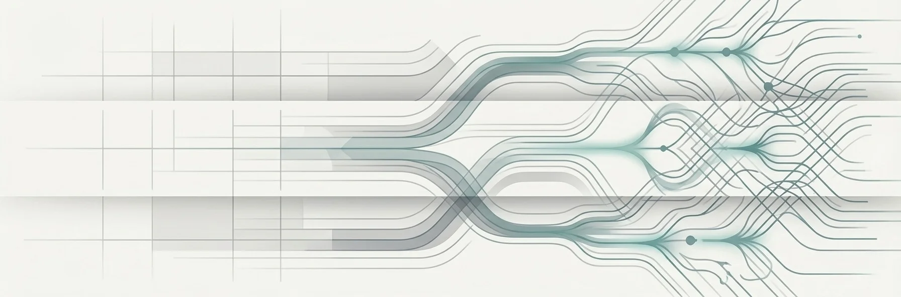 Abstract geometric progression from sparse grid lines on the left through flowing paths to dense interconnected trace networks on the right, in teal and grey on off-white