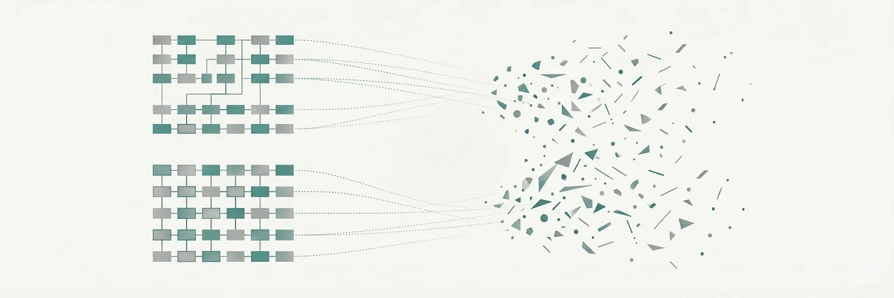 Abstract pattern of converging lines dissolving into scattered fragments