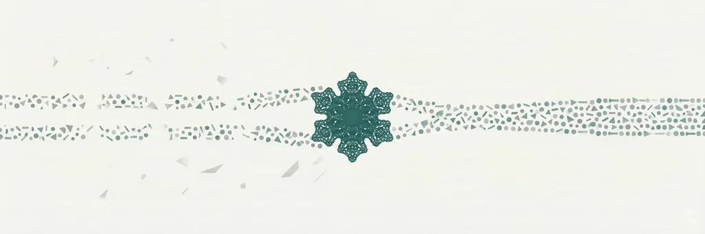 A horizontal stream of small identical teal units flowing left to right across an off-white field past a single still grey node, with faint gaps in the flow near the left edge that disappear by the right side.