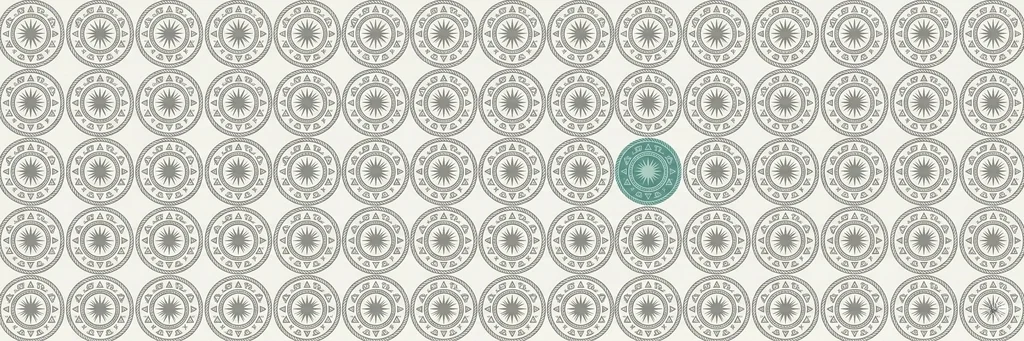 A repeating grid of identical geometric seals across an off-white field, all rendered in soft grey except one seal in teal, visually indistinguishable in structure from the rest.