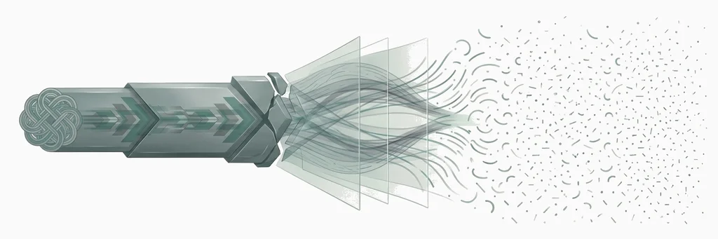 A compact coiled geometric form on the left opens through translucent layered planes in the middle into a widely distributed field of small teal marks on the right, suggesting a sealed output unfolding into its underlying structure