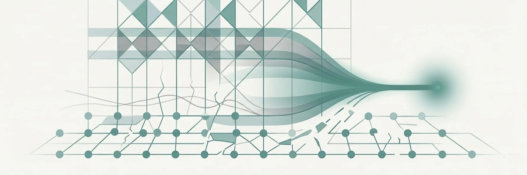 Geometric grid with teal nodes and clean upper layers dissolving into fractured connections at the foundation