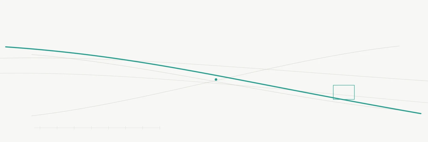 A single teal line sweeps gently downward across a cream field, crossing two faint grey curves that run in opposite directions; a small teal dot marks where they meet, a small open teal rectangle sits to the lower right, and a short row of instrument tick marks runs along the base.