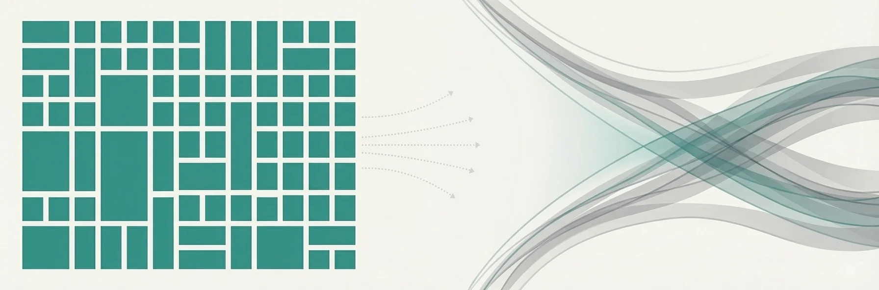 Dense teal grid of structured rectangles on the left connected by faint dotted arrows across open space to flowing grey prediction curves on the right