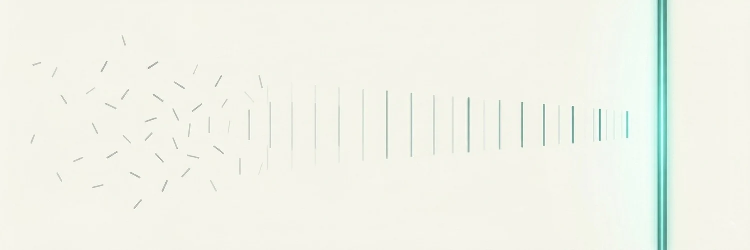 A wide off-white field. At the left, a loose scatter of short grey marks lies at random angles. Moving rightward the marks straighten into evenly spaced vertical lines, growing more regular and taking on a teal tint, until they resolve at the right edge into a single bright vertical band of teal light.