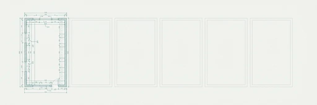 Six rectangular architectural cells in a horizontal row on an off-white blueprint. The leftmost cell is fully drafted with dimensions and annotations; four cells through the middle are empty outlines; the rightmost cell carries the faintest beginning of a partial dimension, as if work has only just started there.