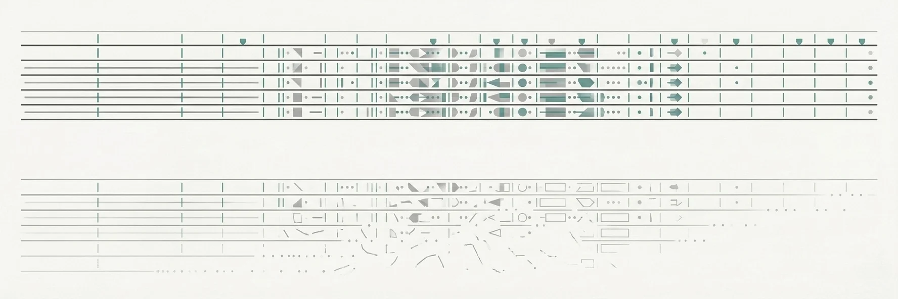 Two horizontal bands on an off-white field. The upper band is a dense, ordered row of crisp teal and grey marks, like a complete record. The lower band repeats the structure but loses ink, breaks apart, and dissolves into scattered faint fragments and empty space.