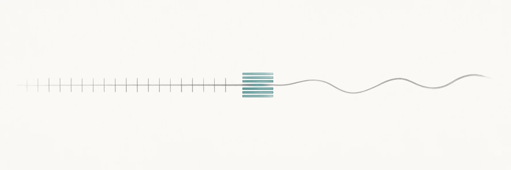 Two grey mark-systems, a row of fine ticks on the left and a single continuous flowing line on the right, approaching from opposite edges of an off-white field and resolving at the centre into a small stack of crisp teal horizontal bands.