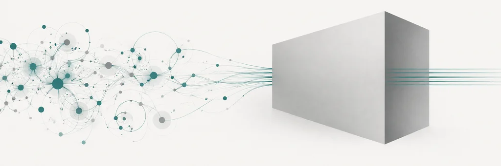 A loose web of small teal and grey nodes linked by fine looping lines on an off-white ground. On the right, its threads gather into a smooth grey block and emerge from the far side as straight teal lines that run off the edge.