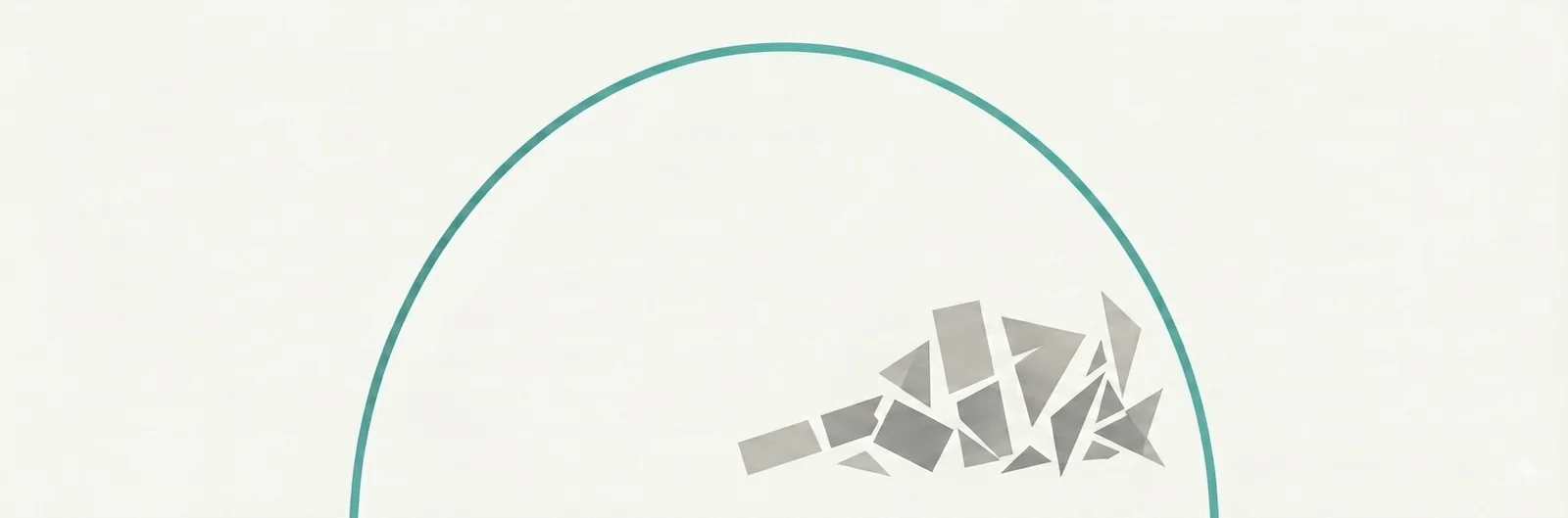 A long, smooth teal arc spans the upper composition like a half-dome; beneath it on the lower right, a tight cluster of fractured warm-grey geometric shards sits enclosed by the arc — the smooth carrier above, the unconnected pieces below
