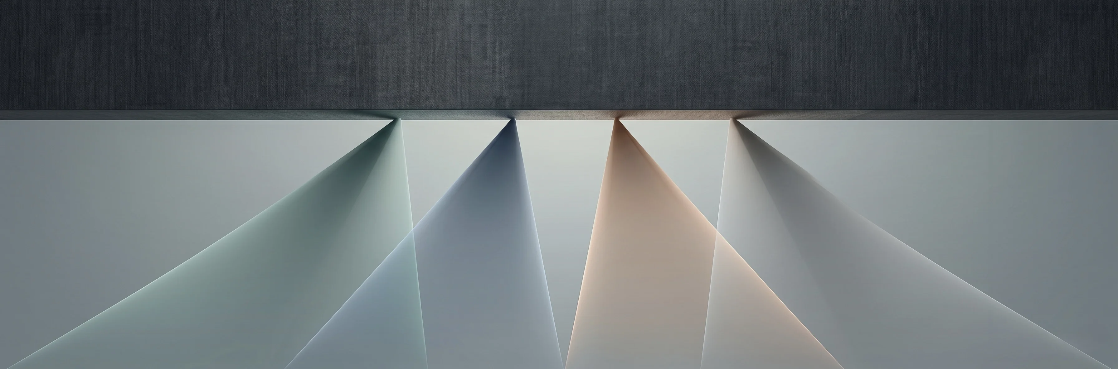 A dense dark band across the upper third of the image, with four soft gradient forms — cream, taupe, sage, terracotta — narrowing where they meet the band and widening as they descend.