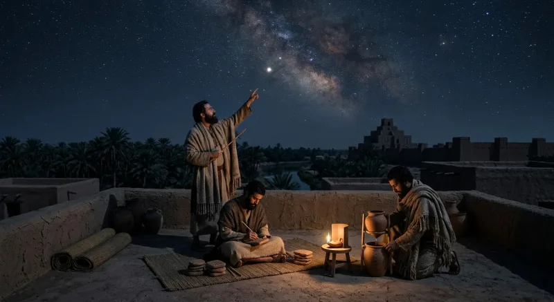 Three robed men on a mud-brick rooftop at night beneath the Milky Way. One stands pointing at a bright planet, one sits writing on a clay tablet, and one tends a set of water jars beside a small oil lamp. Date palms, a river and a stepped temple tower sit in the background.