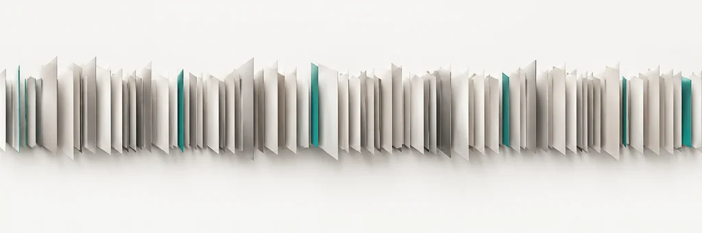 A long horizontal row of off-white paper sheets standing on edge at slightly different angles against a pale background, with a few teal sheets among them